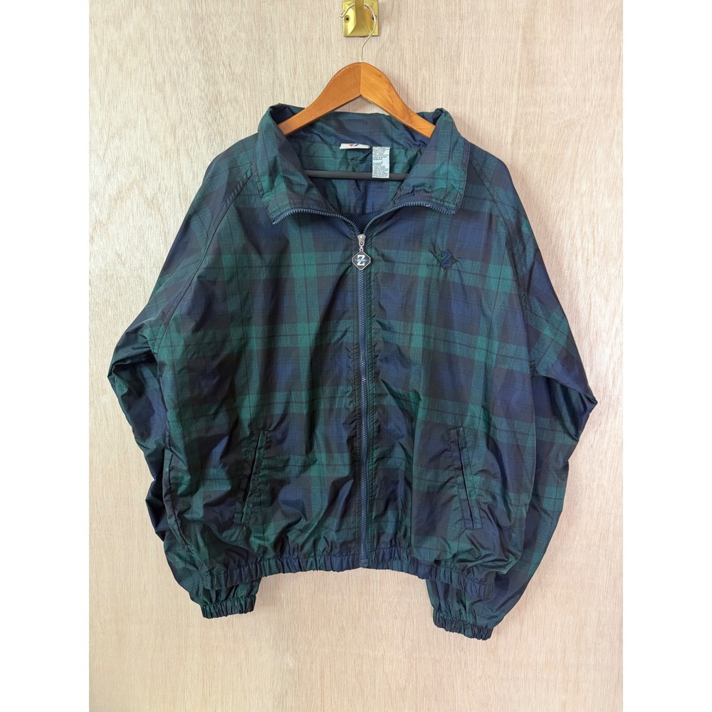 Vintage Jerzees Windbreaker Jacket Mens XL Black Watch Plaid Green Navy Full Zip